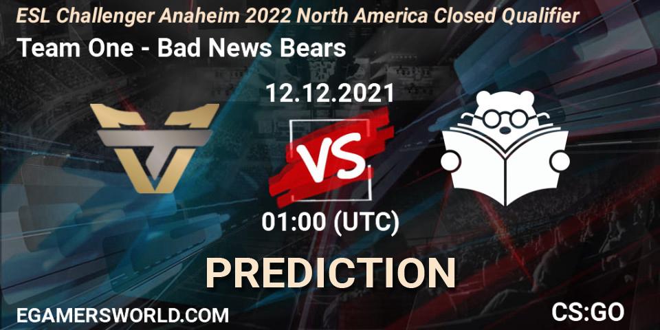 Pronóstico Team One - Bad News Bears. 12.12.2021 at 01:00, Counter-Strike (CS2), ESL Challenger Anaheim 2022 North America Closed Qualifier
