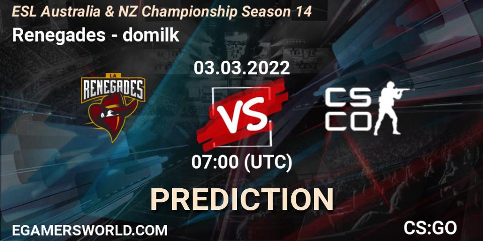 Pronóstico Renegades - DoMilk. 03.03.2022 at 07:00, Counter-Strike (CS2), ESL ANZ Champs Season 14