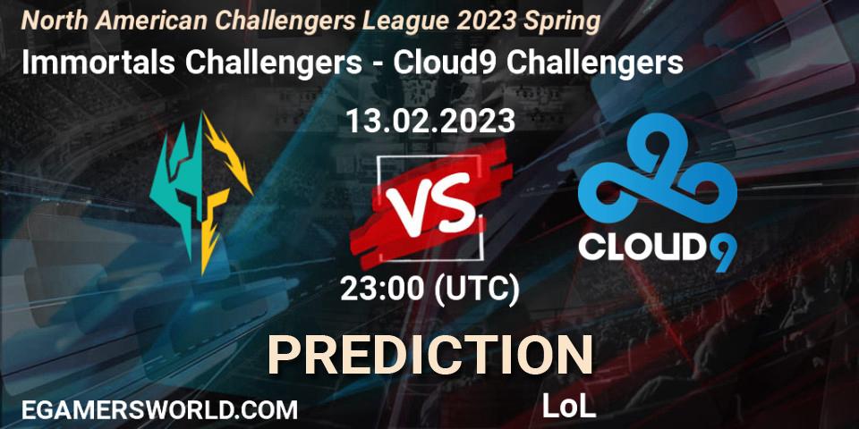 Pronóstico Immortals Challengers - Cloud9 Challengers. 13.02.23, LoL, NACL 2023 Spring - Group Stage