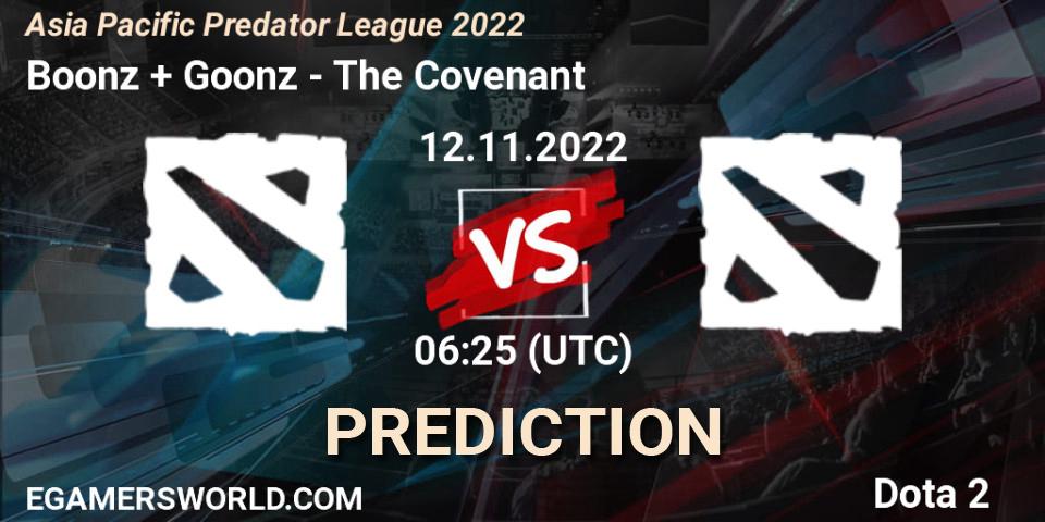 Pronóstico Boonz + Goonz - The Covenant. 12.11.2022 at 06:25, Dota 2, Asia Pacific Predator League 2022