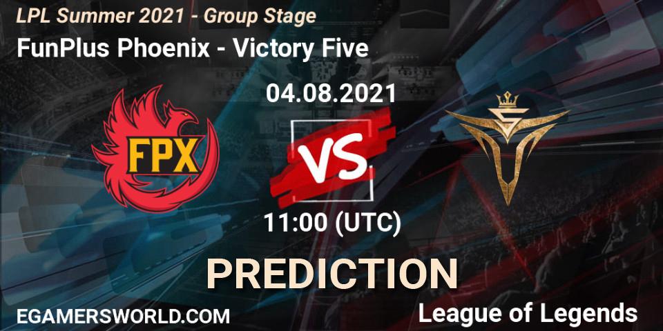 Pronóstico FunPlus Phoenix - Victory Five. 04.08.2021 at 11:00, LoL, LPL Summer 2021 - Group Stage