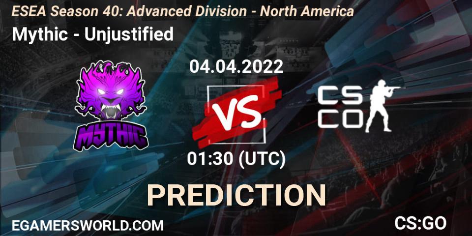 Pronóstico Mythic - Unjustified. 04.04.2022 at 00:00, Counter-Strike (CS2), ESEA Season 40: Advanced Division - North America