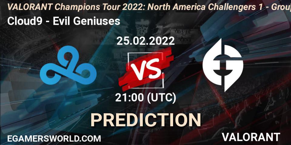 Pronóstico Cloud9 - Evil Geniuses. 25.02.2022 at 21:15, VALORANT, VCT 2022: North America Challengers 1 - Group Stage