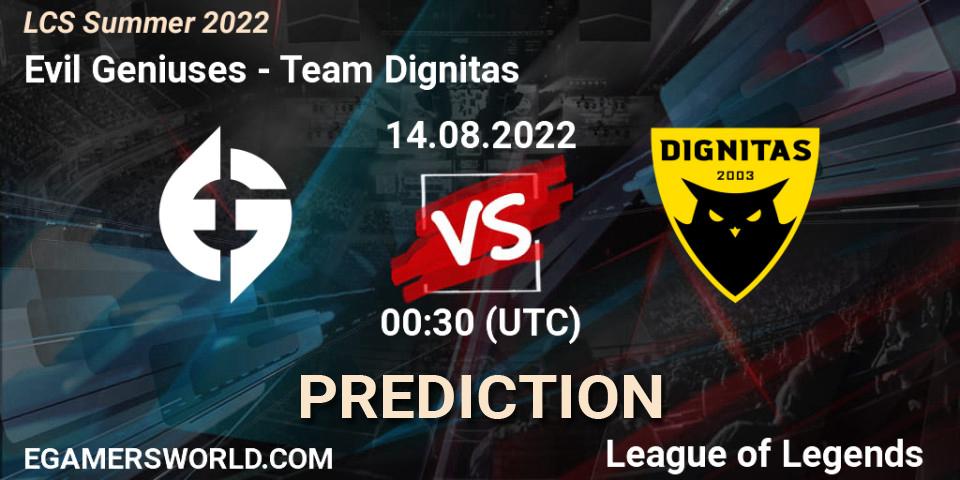 Pronóstico Evil Geniuses - Team Dignitas. 14.08.2022 at 00:30, LoL, LCS Summer 2022