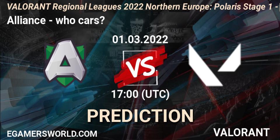 Pronóstico Alliance - who cars?. 01.03.2022 at 17:00, VALORANT, VALORANT Regional Leagues 2022 Northern Europe: Polaris Stage 1 - Regular Season