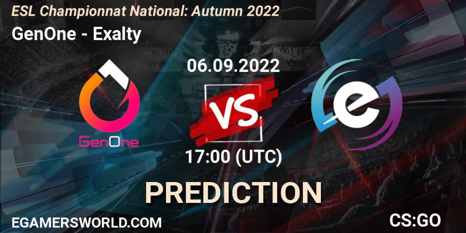 Pronóstico GenOne - Exalty. 06.09.2022 at 17:00, Counter-Strike (CS2), ESL Championnat National: Autumn 2022