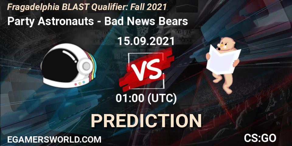 Pronóstico Party Astronauts - Bad News Bears. 15.09.2021 at 01:10, Counter-Strike (CS2), Fragadelphia BLAST Qualifier: Fall 2021