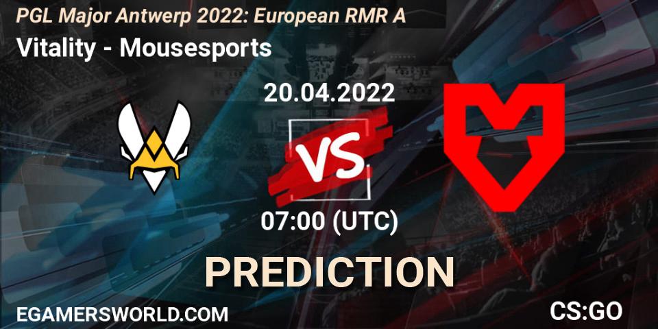 Pronóstico Vitality - Mousesports. 20.04.2022 at 07:00, Counter-Strike (CS2), PGL Major Antwerp 2022: European RMR A