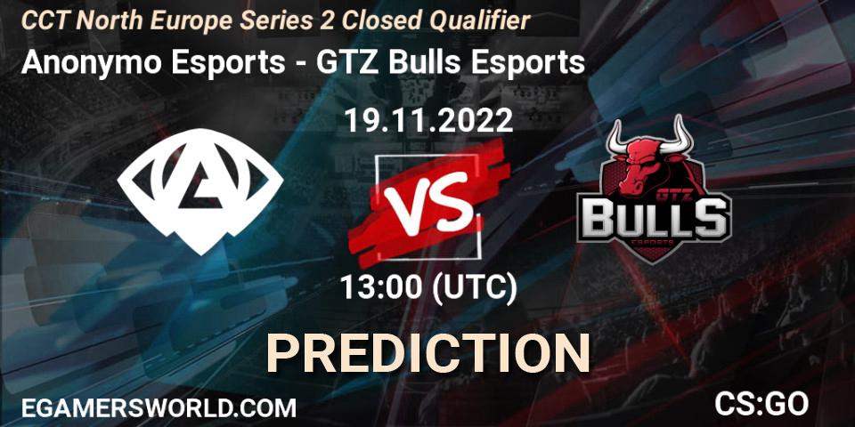 Pronóstico Anonymo Esports - GTZ Bulls Esports. 19.11.2022 at 13:00, Counter-Strike (CS2), CCT North Europe Series 2 Closed Qualifier