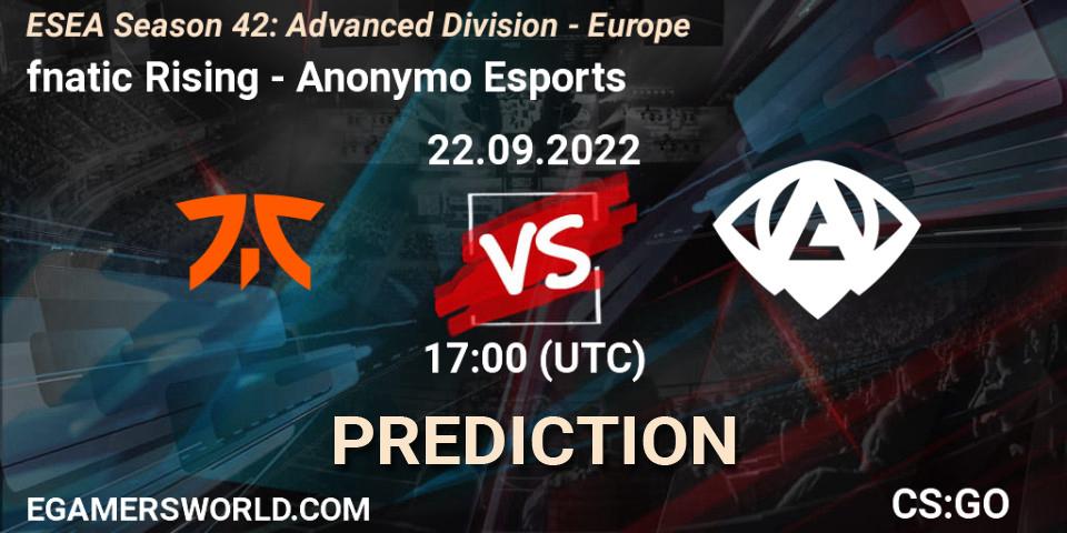 Pronóstico fnatic Rising - Anonymo Esports. 22.09.2022 at 17:00, Counter-Strike (CS2), ESEA Season 42: Advanced Division - Europe