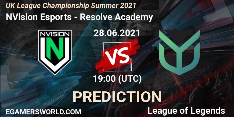 Pronóstico NVision Esports - Resolve Academy. 28.06.2021 at 19:00, LoL, UK League Championship Summer 2021