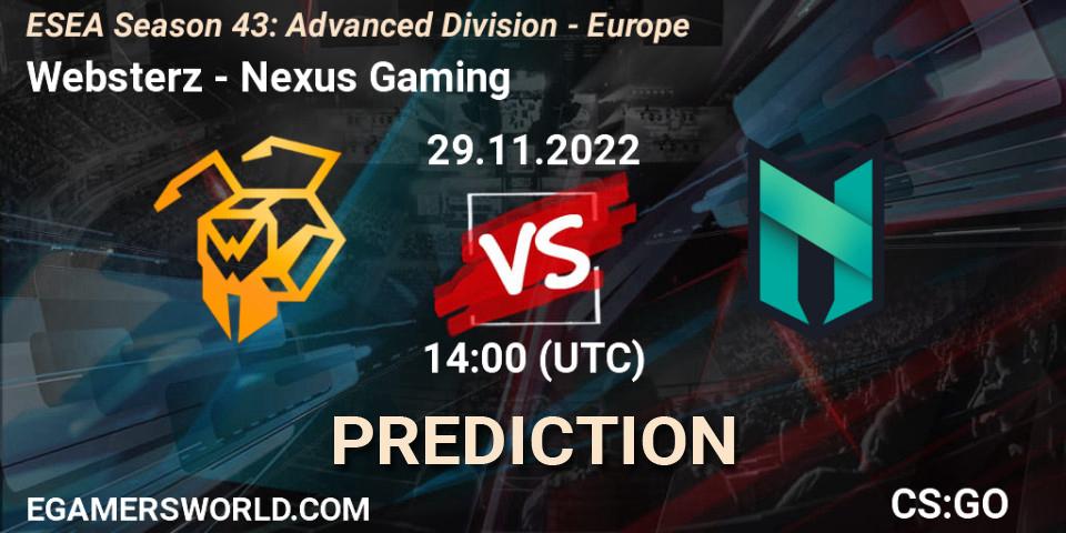 Pronóstico Websterz - Nexus Gaming. 29.11.22, CS2 (CS:GO), ESEA Season 43: Advanced Division - Europe