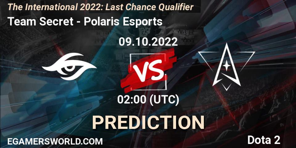 Pronóstico Team Secret - Polaris Esports. 09.10.2022 at 02:01, Dota 2, The International 2022: Last Chance Qualifier