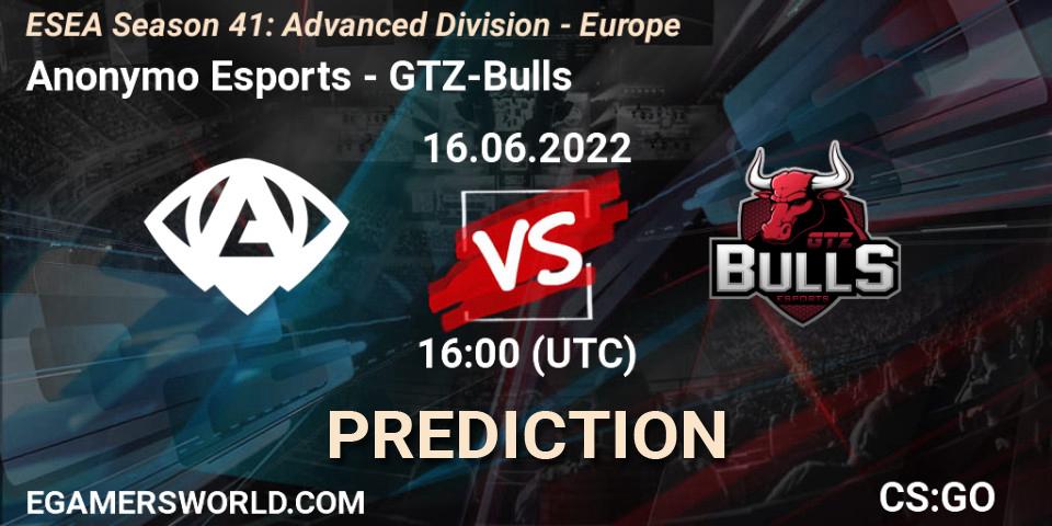 Pronóstico Anonymo Esports - GTZ-Bulls. 16.06.2022 at 16:00, Counter-Strike (CS2), ESEA Season 41: Advanced Division - Europe