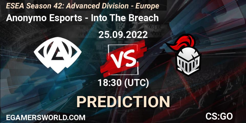 Pronóstico Anonymo Esports - Into The Breach. 25.09.2022 at 18:30, Counter-Strike (CS2), ESEA Season 42: Advanced Division - Europe