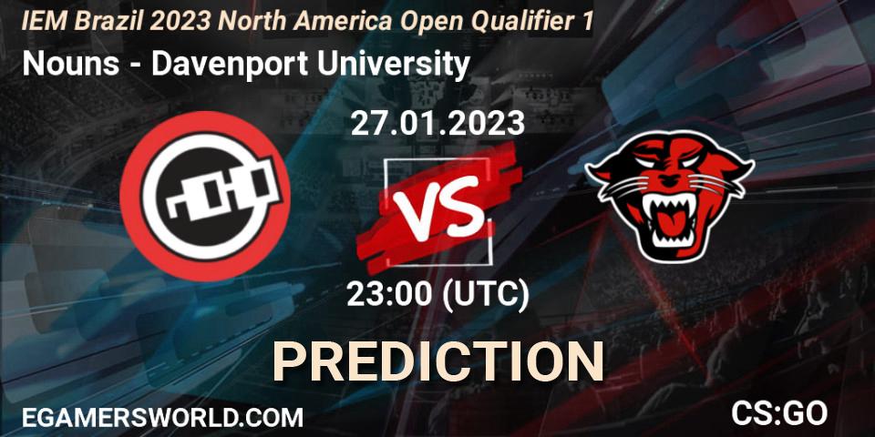 Pronóstico Nouns - Davenport University. 27.01.2023 at 23:00, Counter-Strike (CS2), IEM Brazil Rio 2023 North America Open Qualifier 1