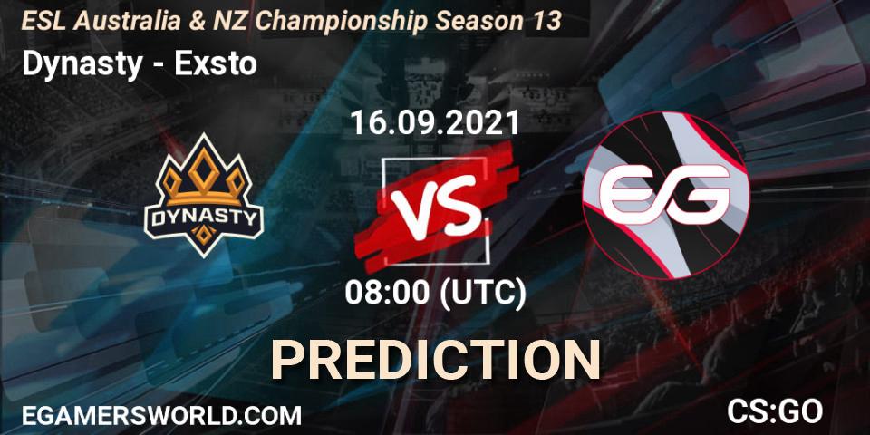 Pronóstico Dynasty - Exsto. 16.09.21, CS2 (CS:GO), ESL Australia & NZ Championship Season 13
