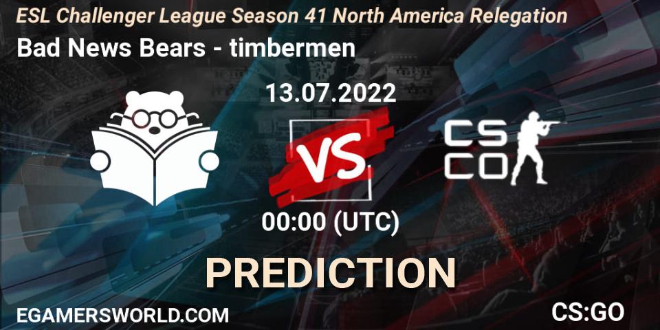 Pronóstico Bad News Bears - timbermen. 13.07.2022 at 00:00, Counter-Strike (CS2), ESL Challenger League Season 41 North America Relegation