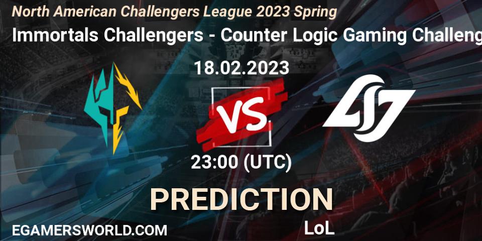 Pronóstico Immortals Challengers - Counter Logic Gaming Challengers. 18.02.23, LoL, NACL 2023 Spring - Group Stage