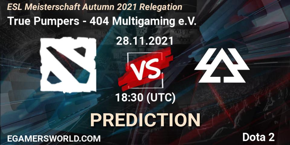 Pronóstico True Pumpers - 404 Multigaming e.V.. 28.11.2021 at 19:29, Dota 2, ESL Meisterschaft Autumn 2021 Relegation