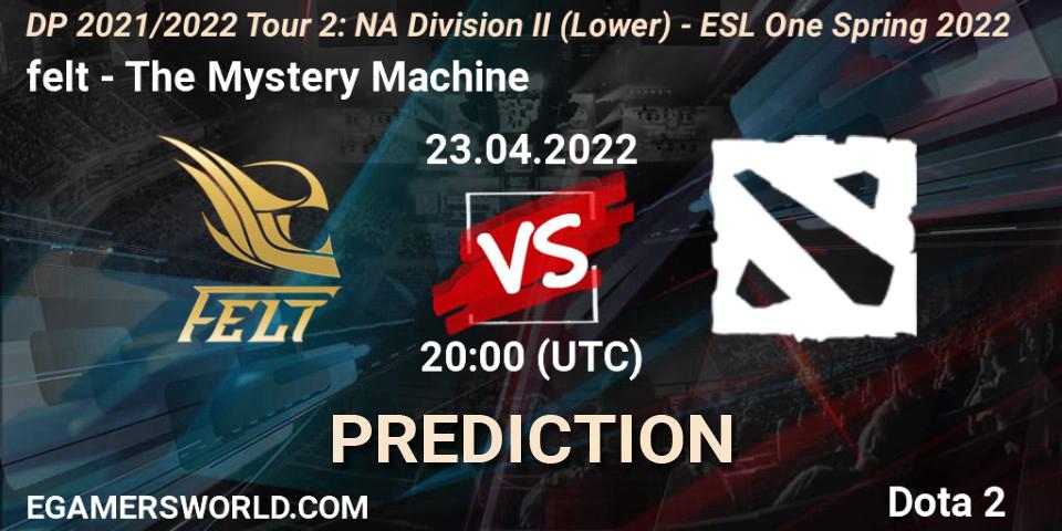 Pronóstico felt - The Mystery Machine. 23.04.2022 at 22:51, Dota 2, DP 2021/2022 Tour 2: NA Division II (Lower) - ESL One Spring 2022