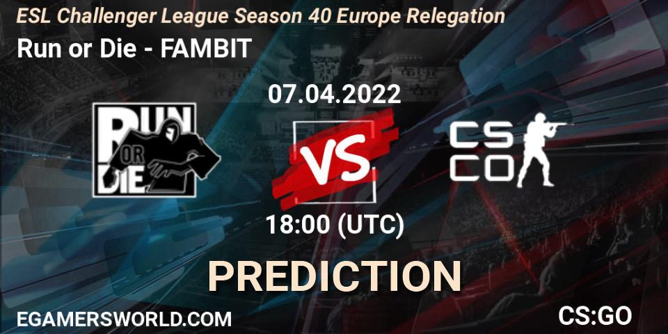 Pronóstico Run or Die - FAMBIT. 07.04.2022 at 18:15, Counter-Strike (CS2), ESL Challenger League Season 40 Europe Relegation
