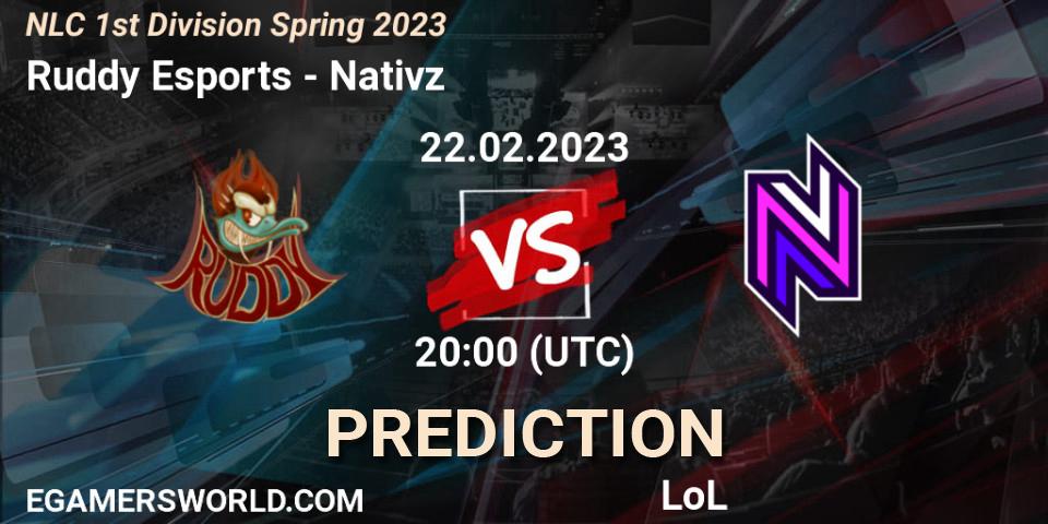 Pronóstico Ruddy Esports - Nativz. 22.02.2023 at 20:00, LoL, NLC 1st Division Spring 2023
