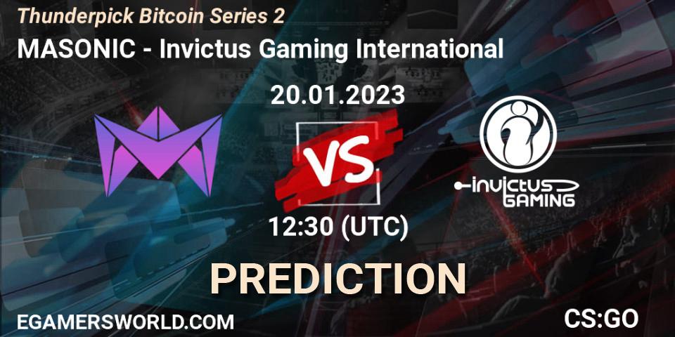 Pronóstico MASONIC - Invictus Gaming International. 22.01.2023 at 09:00, Counter-Strike (CS2), Thunderpick Bitcoin Series 2