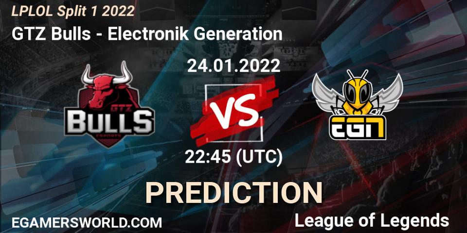 Pronóstico GTZ Bulls - Electronik Generation. 24.01.2022 at 22:45, LoL, LPLOL Split 1 2022