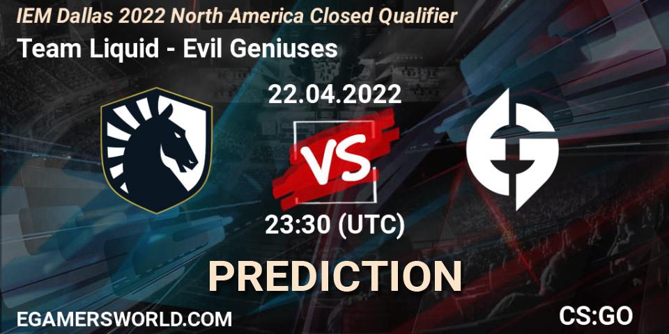 Pronóstico Team Liquid - Evil Geniuses. 22.04.2022 at 23:30, Counter-Strike (CS2), IEM Dallas 2022 North America Closed Qualifier