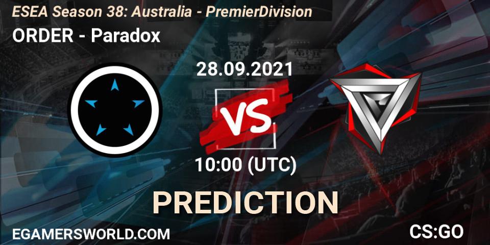 Pronóstico ORDER - Paradox. 13.10.2021 at 09:00, Counter-Strike (CS2), ESEA Season 38: Australia - Premier Division