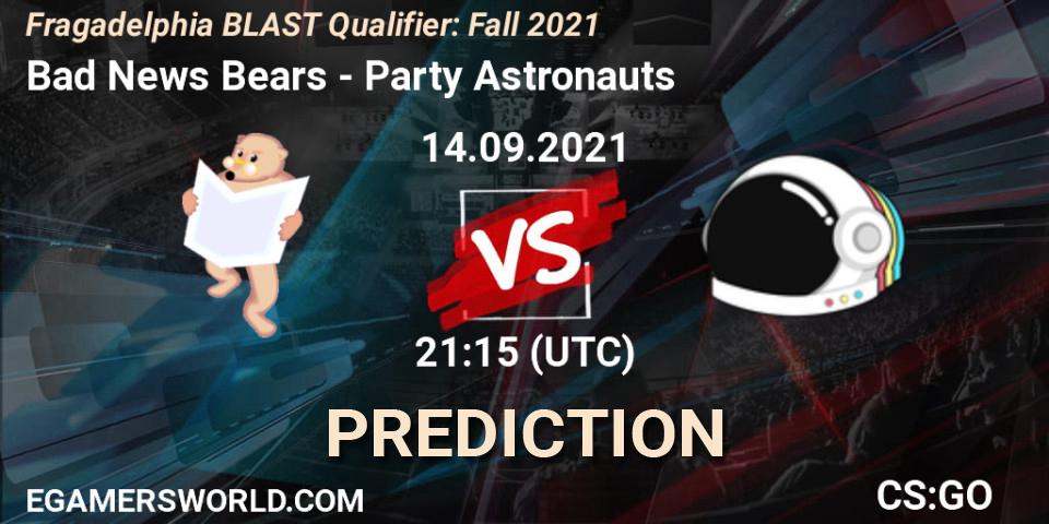 Pronóstico Bad News Bears - Party Astronauts. 14.09.2021 at 21:15, Counter-Strike (CS2), Fragadelphia BLAST Qualifier: Fall 2021