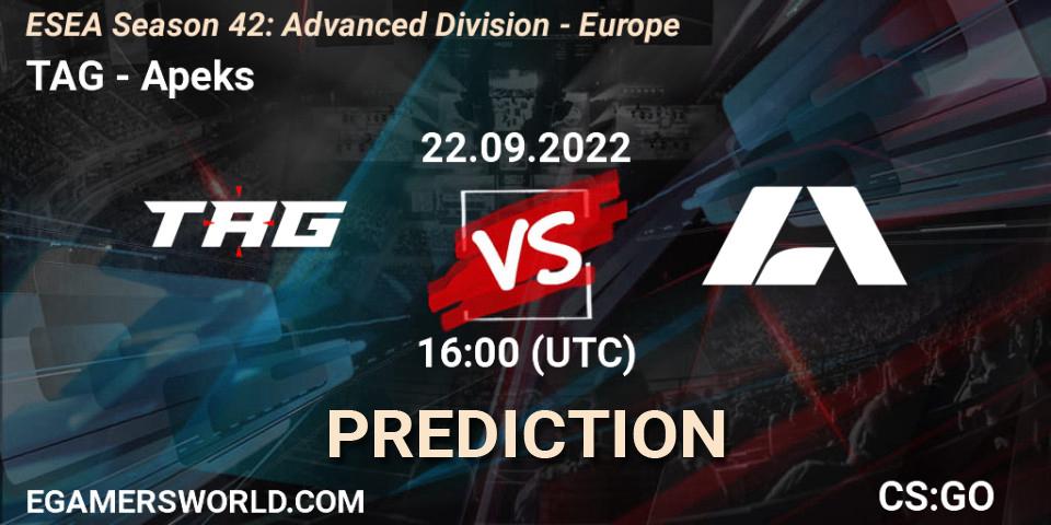 Pronóstico TAG - Apeks. 22.09.2022 at 16:00, Counter-Strike (CS2), ESEA Season 42: Advanced Division - Europe