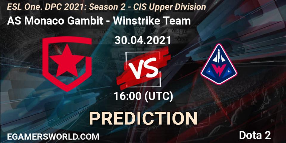 Pronóstico AS Monaco Gambit - Winstrike Team. 30.04.2021 at 15:55, Dota 2, ESL One. DPC 2021: Season 2 - CIS Upper Division