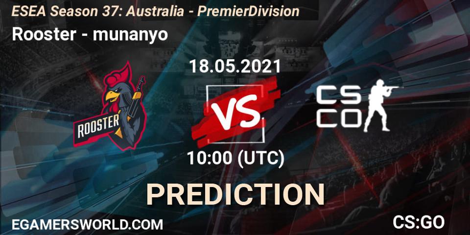 Pronóstico Rooster - munanyo. 18.05.2021 at 10:00, Counter-Strike (CS2), ESEA Season 37: Australia - Premier Division