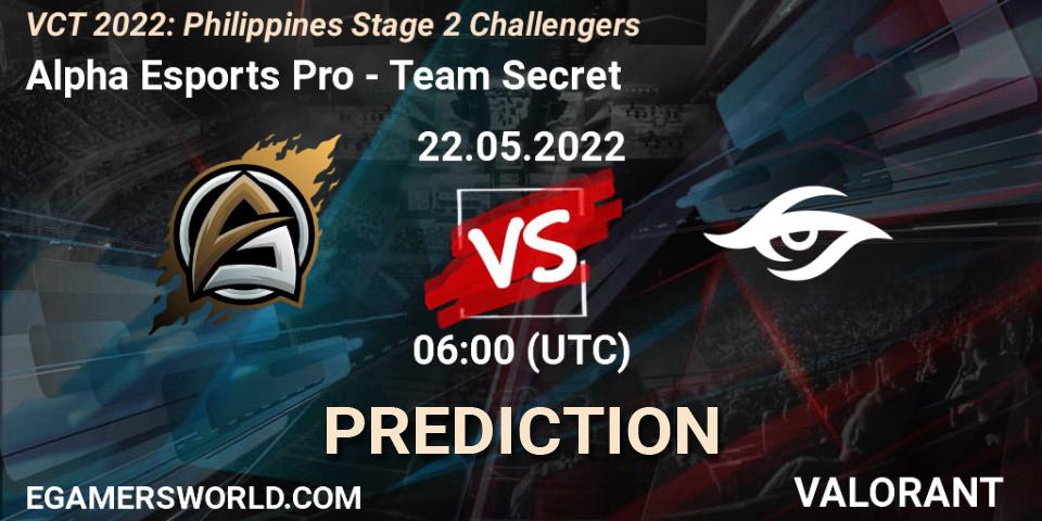 Pronóstico Alpha Esports Pro - Team Secret. 22.05.2022 at 07:00, VALORANT, VCT 2022: Philippines Stage 2 Challengers