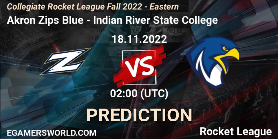 Pronóstico Akron Zips Blue - Indian River State College. 18.11.2022 at 01:00, Rocket League, Collegiate Rocket League Fall 2022 - Eastern