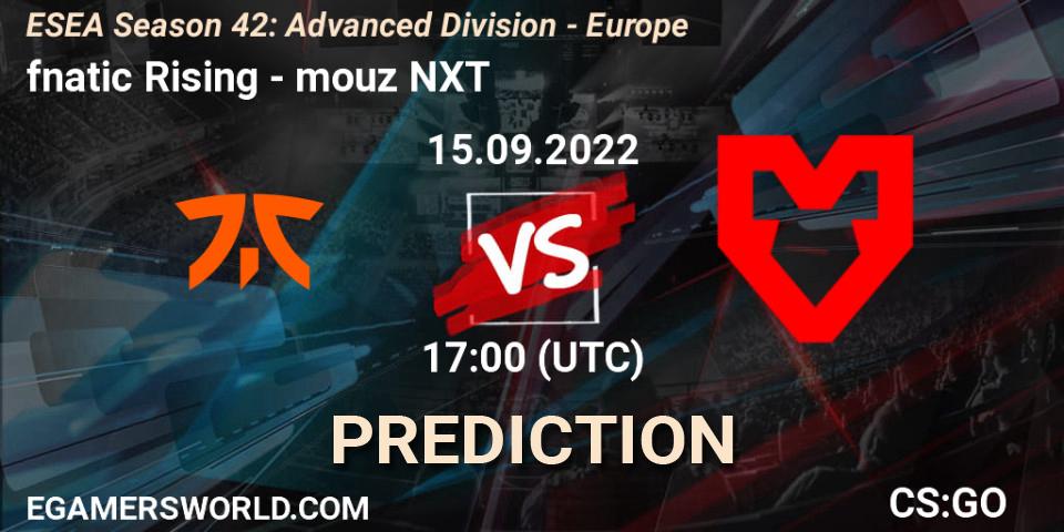 Pronóstico fnatic Rising - mouz NXT. 15.09.2022 at 17:00, Counter-Strike (CS2), ESEA Season 42: Advanced Division - Europe