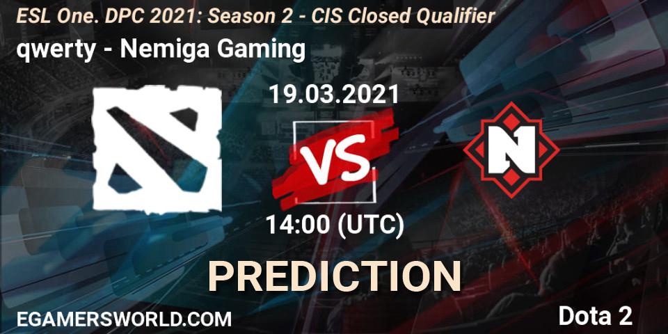Pronóstico qwerty - Nemiga Gaming. 19.03.2021 at 14:14, Dota 2, ESL One. DPC 2021: Season 2 - CIS Closed Qualifier