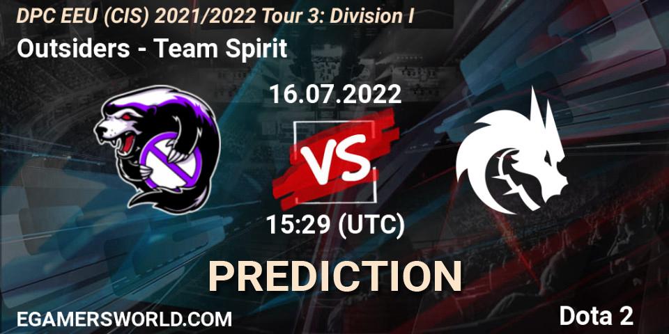 Pronóstico Outsiders - Team Spirit. 16.07.22, Dota 2, DPC EEU (CIS) 2021/2022 Tour 3: Division I
