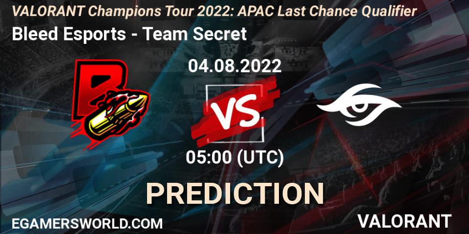 Pronóstico Bleed Esports - Team Secret. 04.08.22, VALORANT, VCT 2022: APAC Last Chance Qualifier
