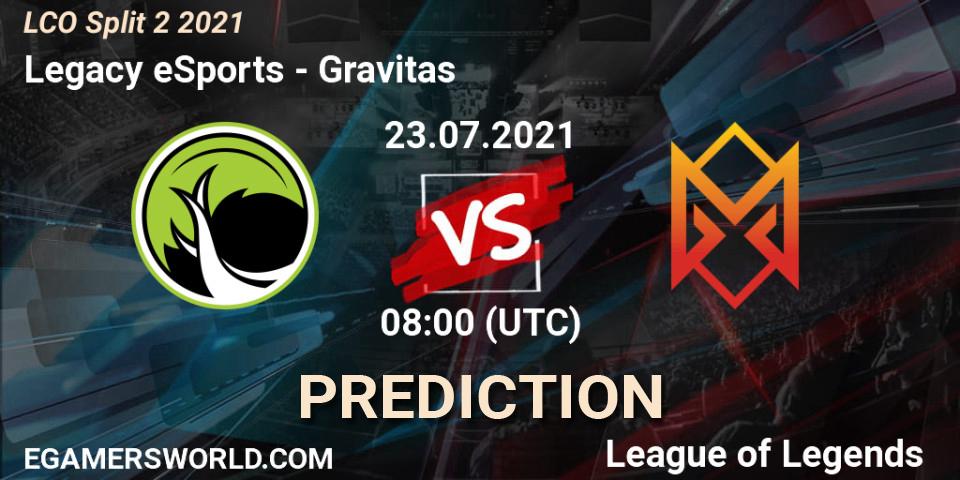 Pronóstico Legacy eSports - Gravitas. 23.07.21, LoL, LCO Split 2 2021
