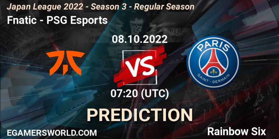 Pronóstico Fnatic - PSG Esports. 08.10.2022 at 07:20, Rainbow Six, Japan League 2022 - Season 3 - Regular Season