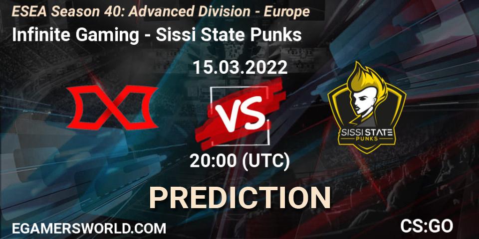 Pronóstico Infinite Gaming - Sissi State Punks. 15.03.2022 at 20:00, Counter-Strike (CS2), ESEA Season 40: Advanced Division - Europe