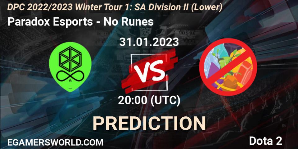 Pronóstico Paradox Esports - No Runes. 31.01.23, Dota 2, DPC 2022/2023 Winter Tour 1: SA Division II (Lower)