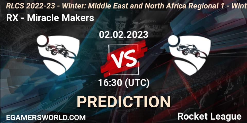 Pronóstico RX - Miracle Makers. 02.02.2023 at 16:30, Rocket League, RLCS 2022-23 - Winter: Middle East and North Africa Regional 1 - Winter Open