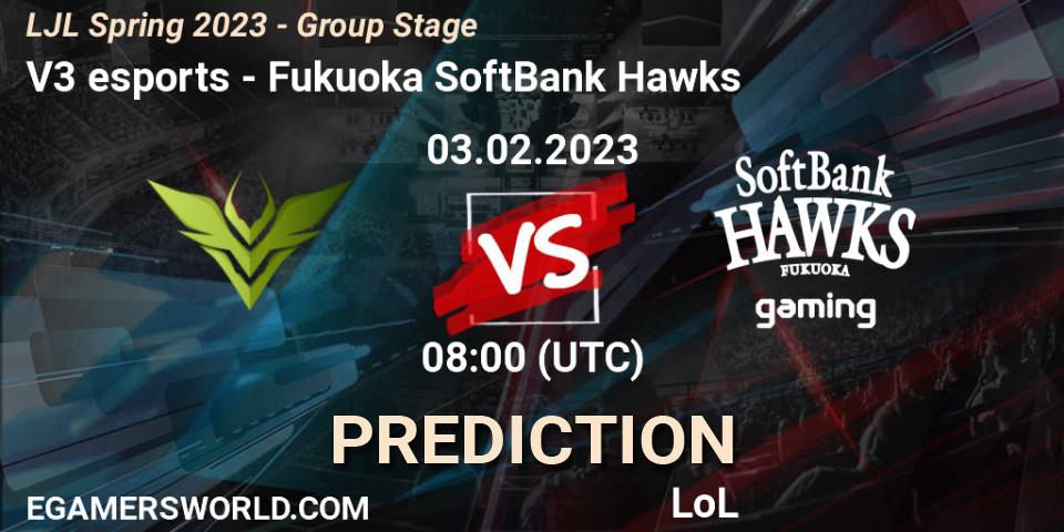 Pronóstico V3 esports - Fukuoka SoftBank Hawks. 03.02.2023 at 08:00, LoL, LJL Spring 2023 - Group Stage