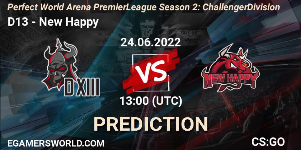 Pronóstico D13 - New Happy. 24.06.2022 at 11:40, Counter-Strike (CS2), Perfect World Arena Premier League Season 2: Challenger Division