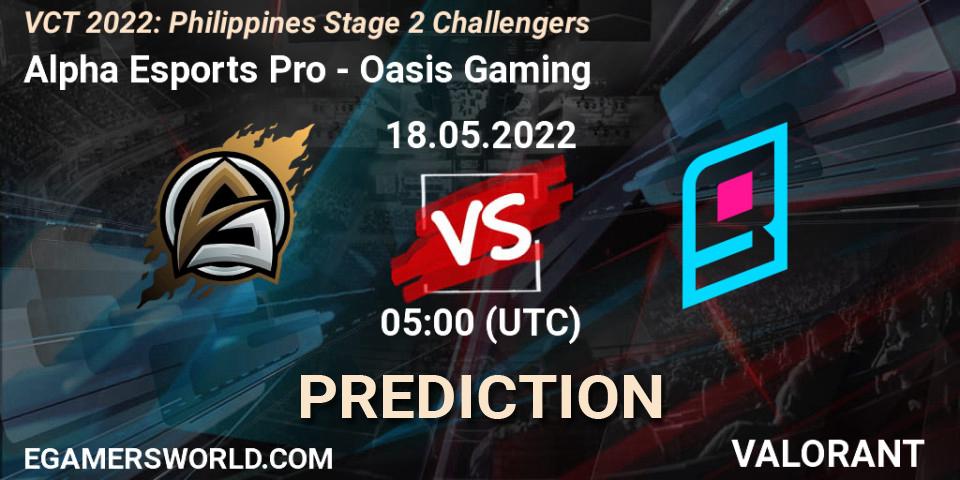Pronóstico Alpha Esports Pro - Oasis Gaming. 18.05.2022 at 05:00, VALORANT, VCT 2022: Philippines Stage 2 Challengers