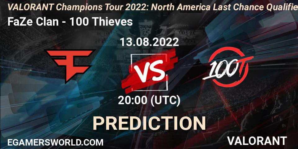 Pronóstico FaZe Clan - 100 Thieves. 13.08.2022 at 20:10, VALORANT, VCT 2022: North America Last Chance Qualifier